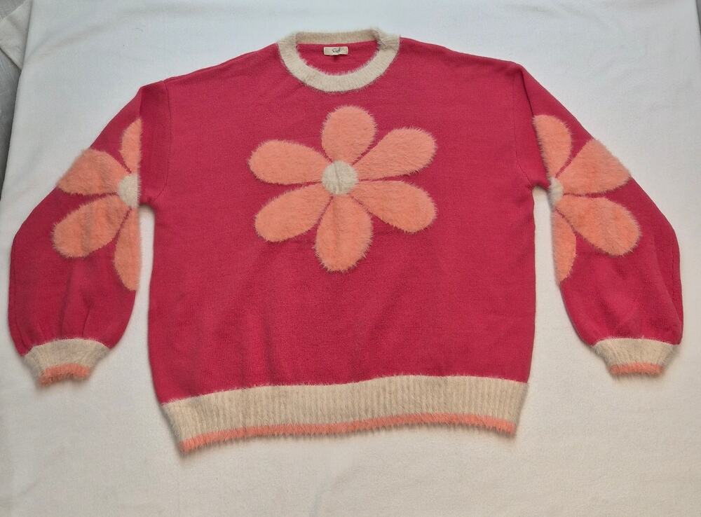 Easel Pink Flower Soft Fluffy Oversized Sweater Womens M Dopamine Y2K Happy